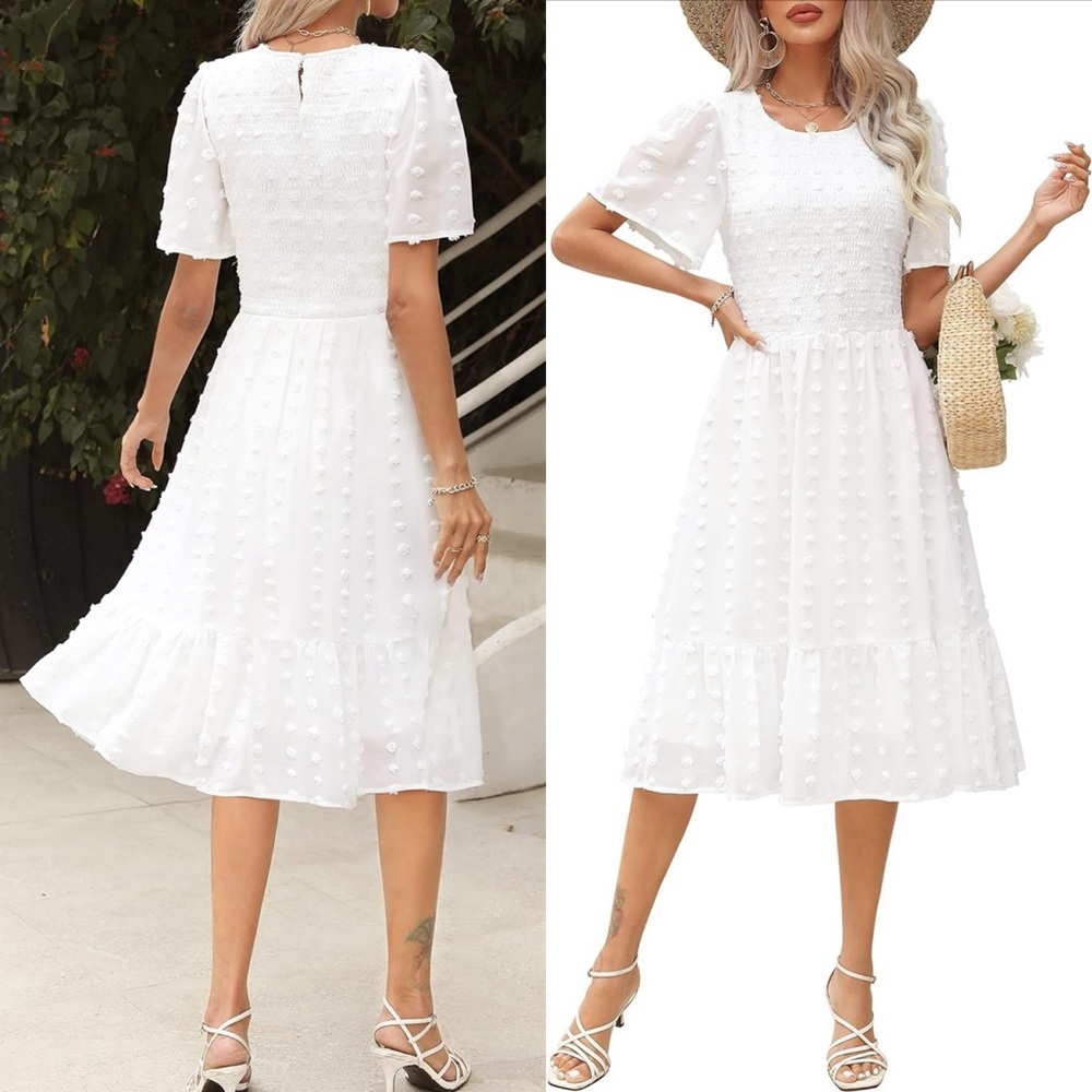 Summer Spring Wedding Guest‎ Dresses Short Sleeve Casual Flowy Swiss Dot Smocked